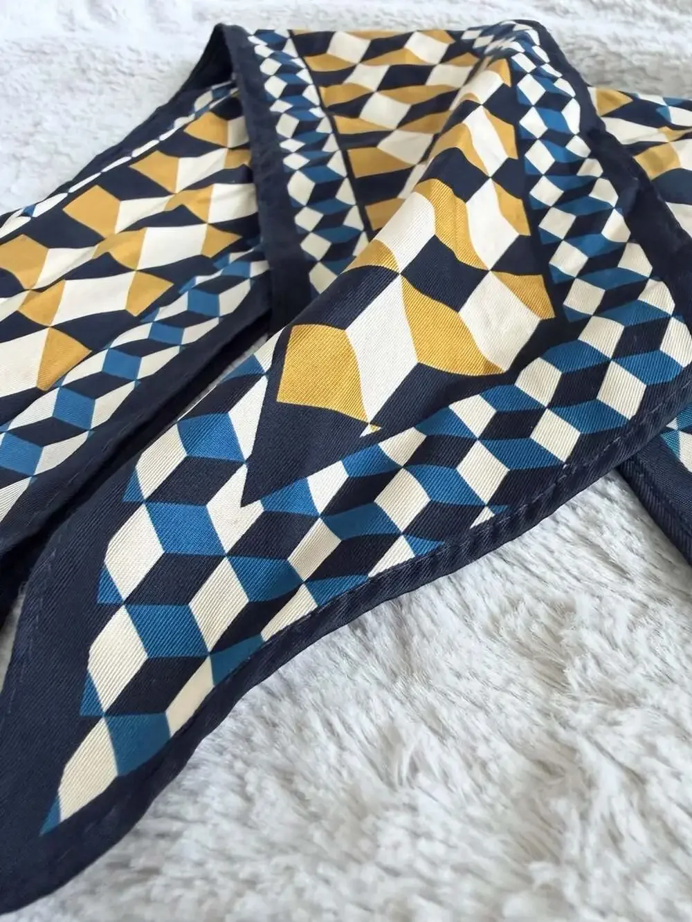 Geometric Pattern 100% Silk Twill Skinny Scarf, Navy Blue, Yellow, and White